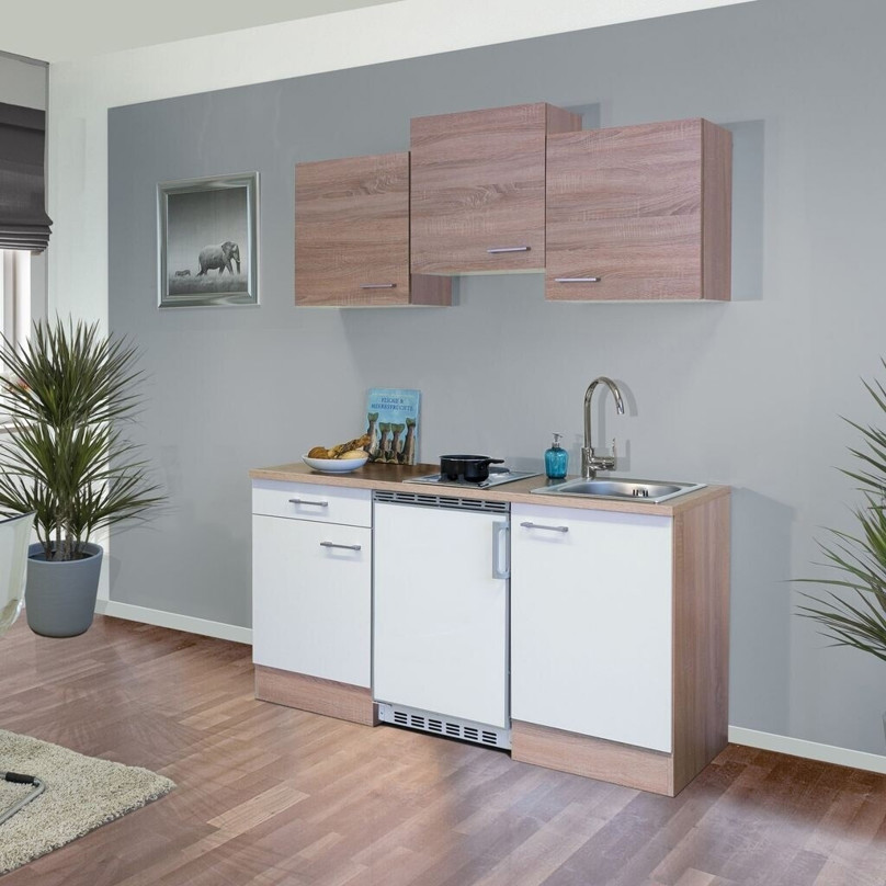 Flex-Well - Samoa 150 cm - Miniküche mit Elektrogerät - Weiß, Sonoma Eiche Dekor, 68 Liter