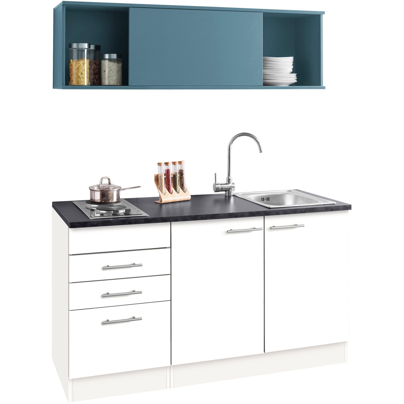 Optifit - Küchenzeile Mini - Miniküche - 150 cm, 60 cm Tiefe, weiß blau