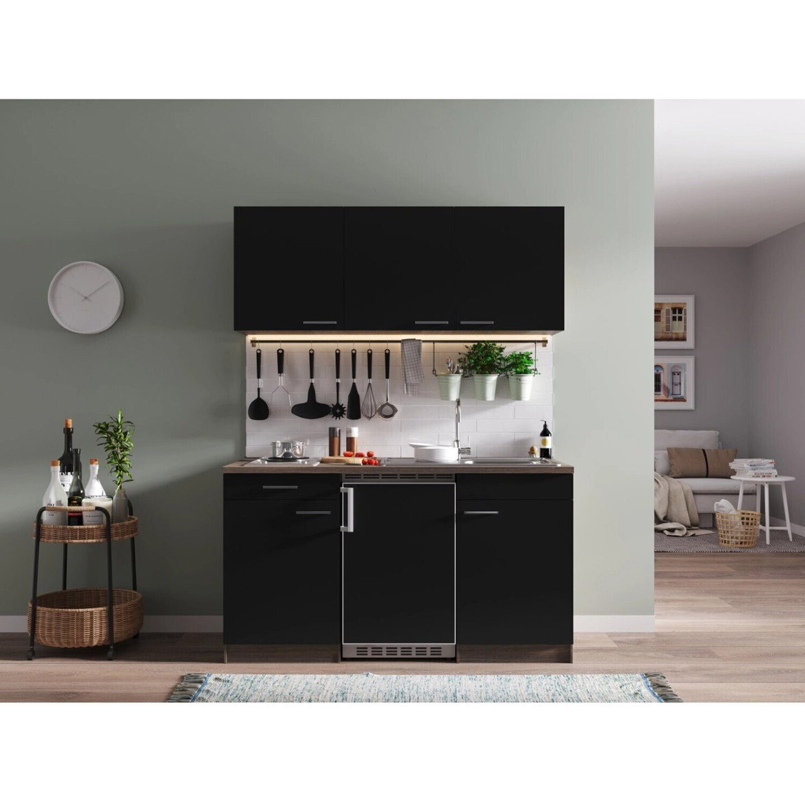 Respekta - KB150EYS - Miniküche mit Elektrogerät - 150 cm breit, 200 cm hoch, schwarz