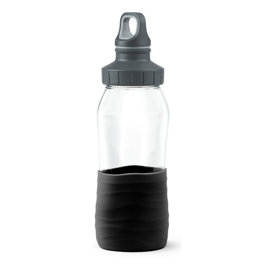 Emsa - DRINK2GO - Spülmaschinenbeständige Glasflasche mit Silikonschutz, BPA-frei, 500 ml, Schraubdeckel, Schwarz/Transparent