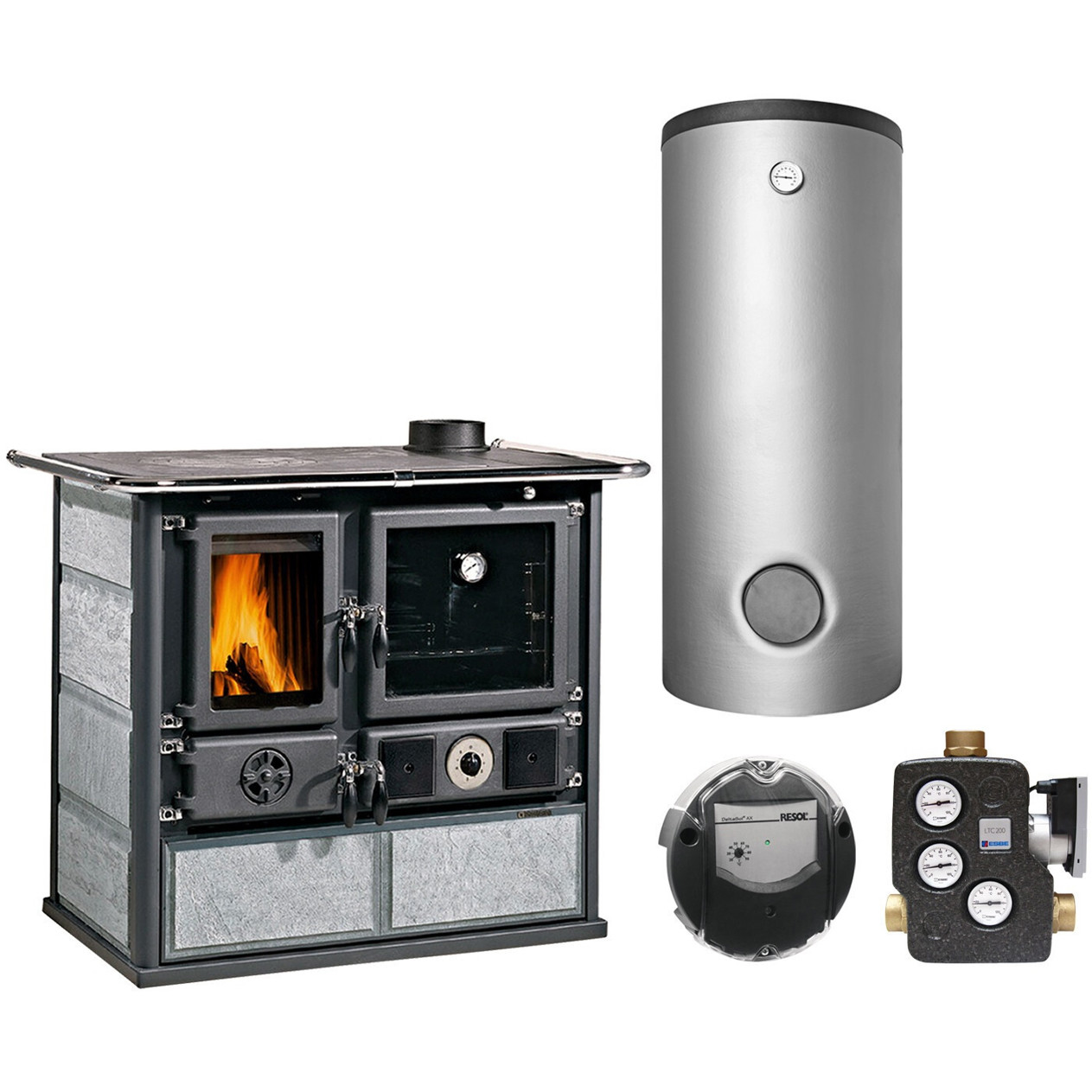 La Nordica - Termorosa DSA Naturstein - Festbrennstoffherd - 9 kW wasserseitig, Gusseisen Kochfeld, Scheibenspülung