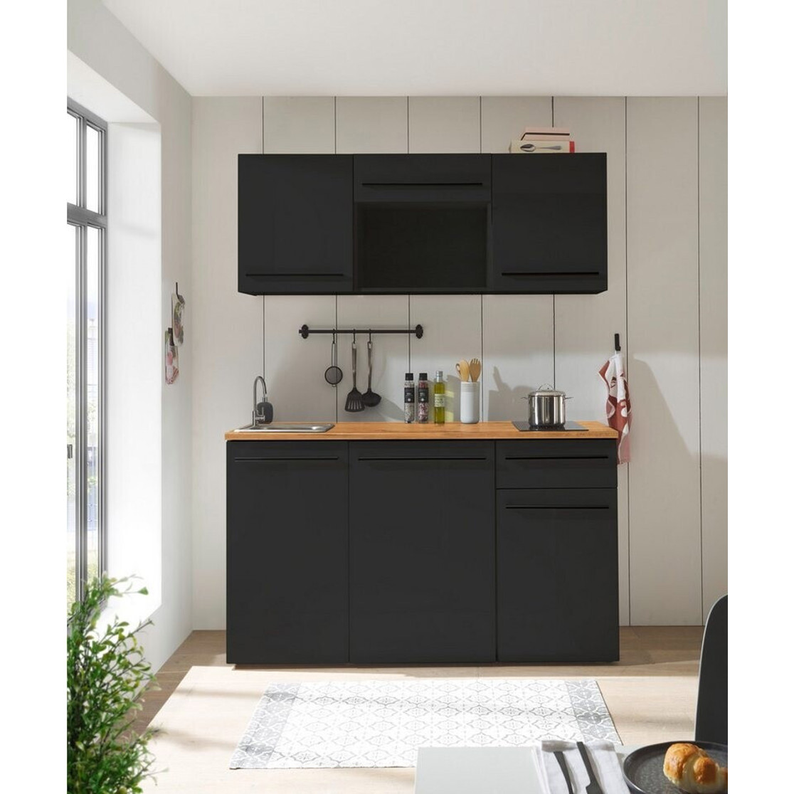 Basic By Balculina - JAZZ - Miniküche mit Elektrogerät - Schwarz matt, eichefarben, 160 cm